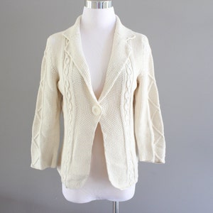 Vintage Cotton Cable Knit Cardigan: Ivory Cream Boho Blazer, Size S