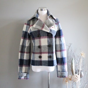 Vintage Wool Blend Plaid Double Breasted Coat White Plaid Coat Tailor Collar Coat Women Short Coat Vintage Size XS O193A