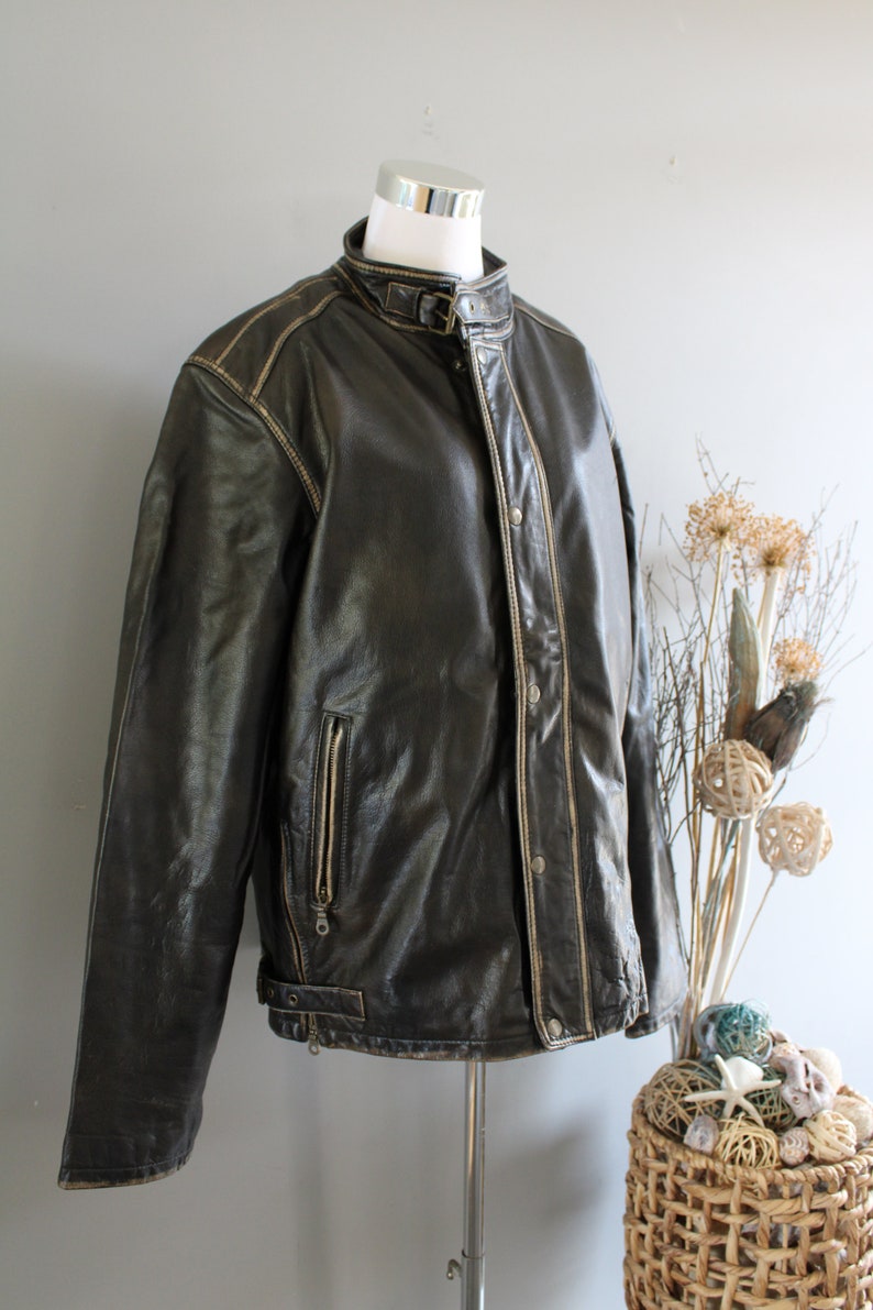 Vintage Büffel David Bitton Leder Bikerjacke - Braune Racer Fliegerjacke Gr. L Bild 5