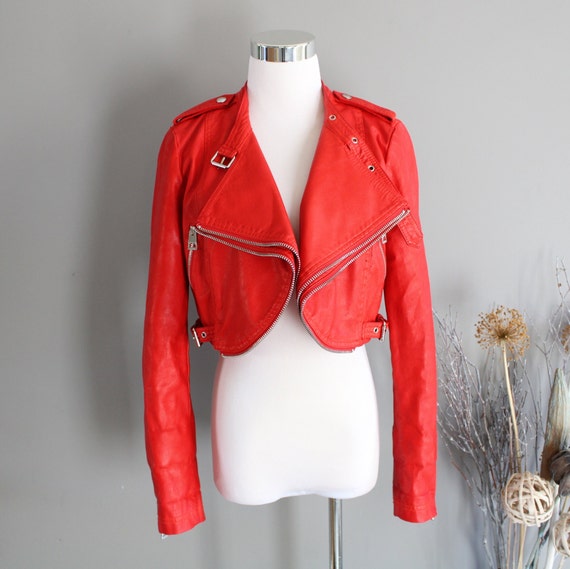 cropped leather jacket red