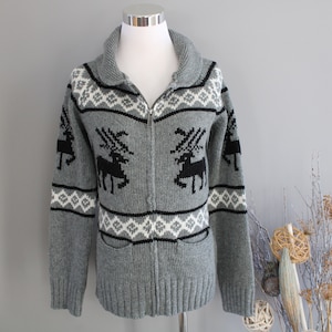 Vintage Cowichan Wool Blend Cardigan: Grey Nordic Reindeer Sweater, Size M