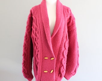 Vintage Handmade Wool Mix Pink Cardigan Cable Knit Cardigan Fishermen's Chunky Knit Cardigan Slouchy Sweater Retro 90s Size M - L  #K054A