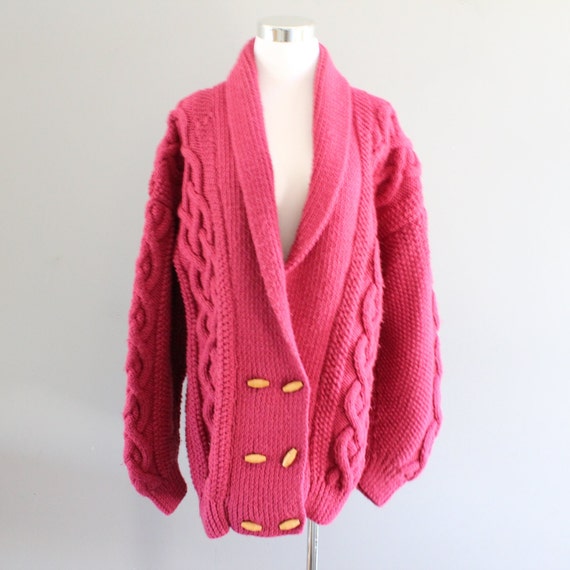Vintage Handmade Wool Mix Pink Cardigan Cable Kni… - image 1