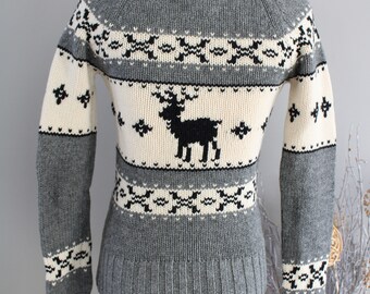 Vintage TNA Wool Cowichan Cardigan: Grey Reindeer Knit, Slim