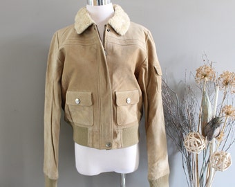 Vintage Genuine Suede Leather Bomber Jacket Shearling Leather Jacket Suede Women Bomber Jacket Vintage 90s Size S #O121A