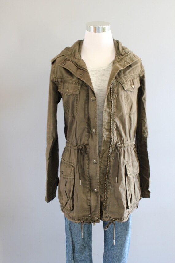 Vintage Utility Parka Light Army Green Parka Military Jacket Hooded Parka Drawstring Waist Size S O257A