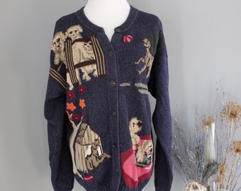 Vintage Handmade Cotton Knit Cardigan Dog Embroidery Cottage 90s Size S K348A