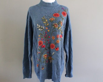 Vintage Floral Embroidery Sweater Cotton Embroidery Jumper 80s 90s  Boho Size M K251A