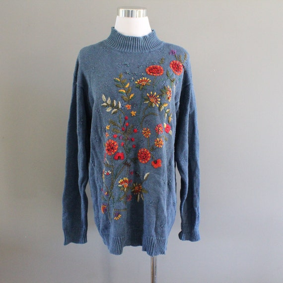 Vintage Floral Embroidery Sweater Cotton Embroidery Jumper 80s 90s  