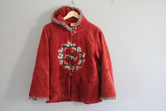 Oriental Corduroy Quilted Red Coat Hooded Corduroy