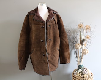 Vintage Lammfell Shearling Mantel: Braunes Wildleder Boho Cocoon, Size L