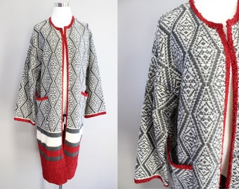 Vintage Knitted Long Cardigan Fair Isle Knitted Coat Minimalist Slouchy Knit Duster Long Sweater Coat Vintage Boho Coat  Size M #K055A