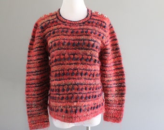 Vintage Hand Knit Mohair Jumper Orange Red Sweater Handmade Sweater Boho Style  Crew Neck Jumper Size S retro  80s 90s K223A