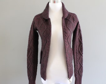 Vintage Merino wool blend cardigan burgundy Cardigan Nordic zip up dark red cable knit Cardigan Norwegian cardigan retro size xs K178A