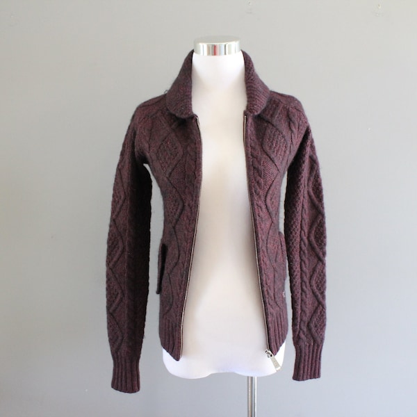 Vintage Merino wool blend cardigan burgundy Cardigan Nordic zip up dark red cable knit Cardigan Norwegian cardigan retro size xs K178A