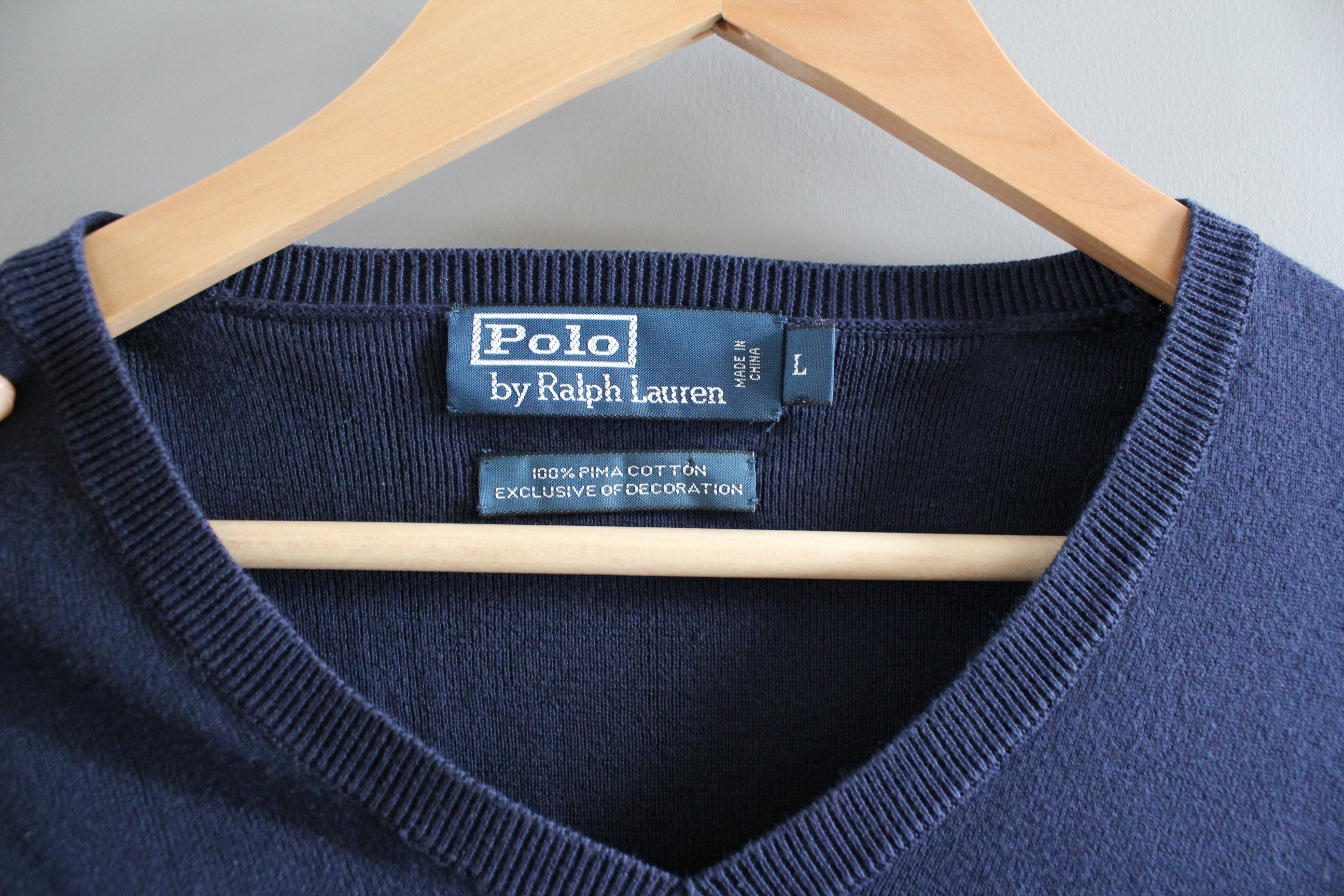 Vintage Ralph Lauren Pima Cotton Sweater: 90s Navy Blue V