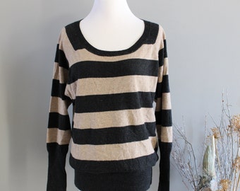 Vintage Cashmere Angora Blend Sweater Black Beige Striped Ultra Soft Sweater Minimalist Size S K305A