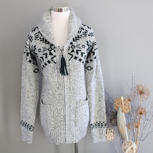 Vintage Cowichan Knit Cardigan: Grey Nordic Aztec Wool Blend (Size S)
