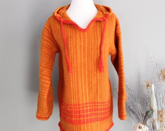 Vintage Handknit Sweater Made in Canada Bright Orange Chunky Knit Sweater Hooded Oversized 90s Size L K349A