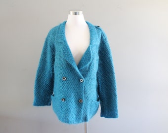 Vintage Handmade Blue Mohair Cardigan Blue Button up Knit Jacket Knit Blazer Jacket Slouchy Minimalist 80s 90s Boho Cardigan Size L #K090A