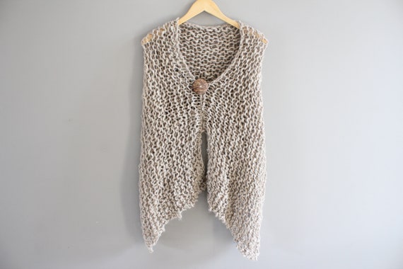 Hand Knitted Wool Blend Poncho Beige Handmade Wool