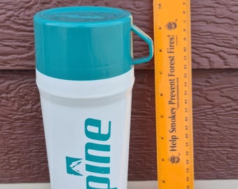 Vintage 1980s Alpine Cigarettes Promotional Thermos | Aladdin Model 840 Insulated Jug |  Tobacciana Collectible | Retro Teal & White Decor