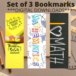 May include: Set of three printable bookmarks with a math theme. The first bookmark features colorful pencils with math equations and the text "Problem Solver" and "#MathTeacher". The second bookmark has a white background with colorful math equations and the word "Mathematics". The third bookmark is a black chalkboard with the word "Math" written in white chalk.