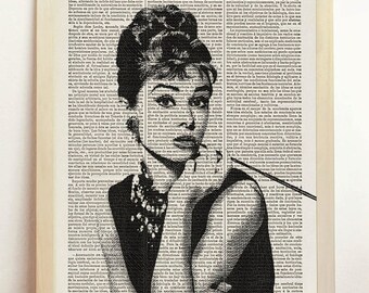 Print Audrey Hepburn Black White Minimalist Fashionist British Actress Icon Hollywood Upcycled Decor Book Dictionary Gift Her