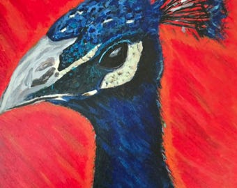 Original Peacock Painting, Red, 10x14 Hand Painted Art, Bold Colorful Bird Artwork, Modern Decor