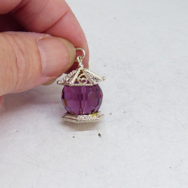 Vintage 1960-1970s Solid Silver And Amethyst Crystal Glass Bead Lantern Charm Wire Work Top