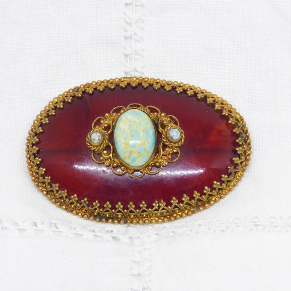 Original Vintage Bohemian Art Deco Large Oval Tortoiseshell Celluloid Brooch Gilt & Paste Turquoise Centre In A Gilt Metal Frame C1920s