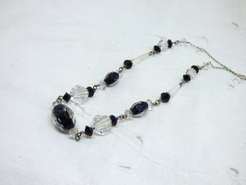 Original Vintage Art Deco Faceted Black /& Clear Cased Crystal Glass Chain Linked Necklace Circa 1930s Very Pretty