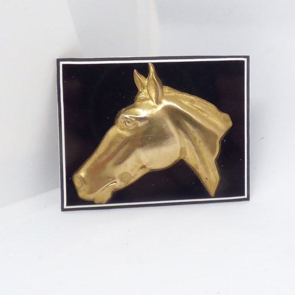 Vintage 1970's Large  Black And White Perspex Rectangular Shaped Brooch Set With A Gilt Metal Horses Head Very Smart