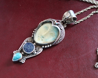 Large Solid Silver Goddess Pendant Carved Face Surrounded With Tiny Silver Bead Decoration & Spirals Set With Semi Precious Stones C1990s