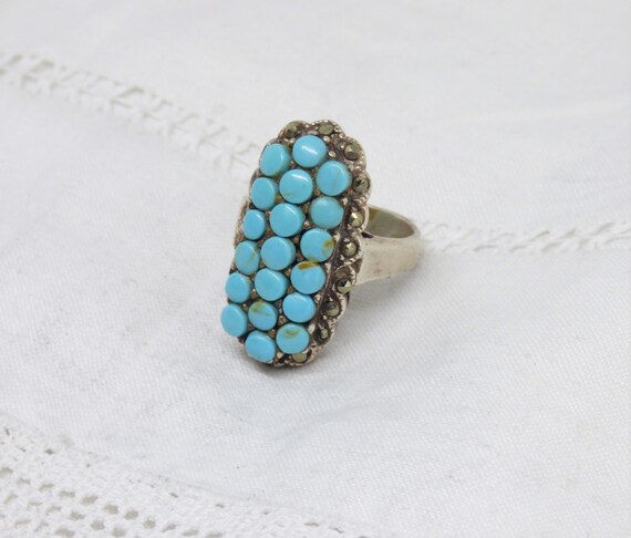 Vintage solid silver oblong ring with 19 sky blue… - image 4
