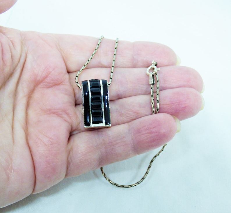 Vintage Solid Silver Curved Oblong Shaped Pendant With 7 Black Baguette Down The Centre Flanked By Black Enamel Art Deco Revival C1970-1980s