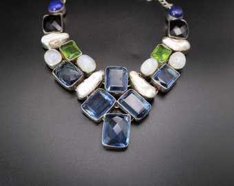 Stunning 1990s Modernist Necklace: Keshi Pearls, Lapis, Labradorite, Peridot & Blue Stones in Sterling Silver Statement Set