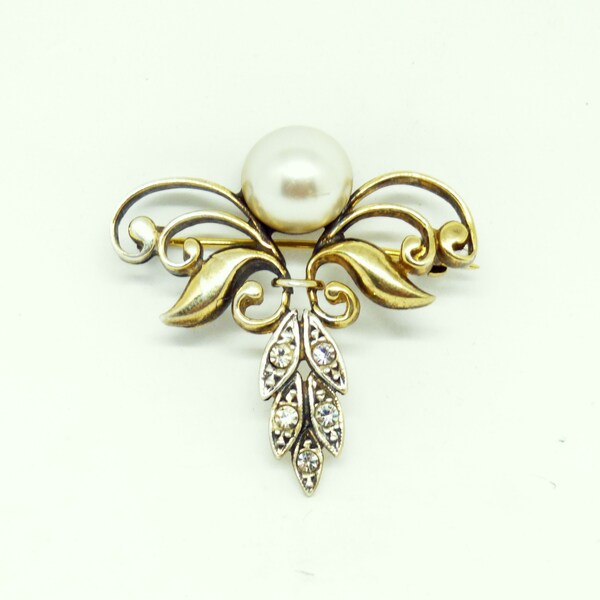 Vintage 1980's Erte Revival Gold & Silver Vermeil And Paste Pearl Paste Diamond Brooch Very Stylish Very Smart