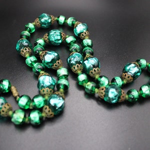 Beautiful Vintage Dark Green Venetian Handmade Foil Glass Bead Necklace With Filigree Caps 24 Inches long
