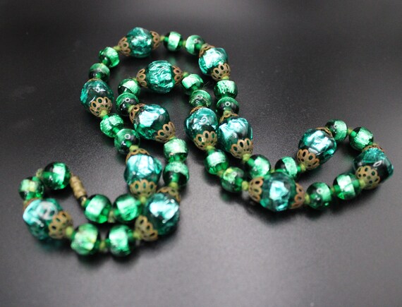 Collier Vintage Perles Pâte De Verre Vert Et Noir - Bijou Unique Ancien - Occasion Parfait état