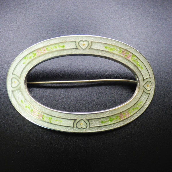 Large Edwardian Solid Silver & Enamel Buckle Brooch Pale Green And Pink Heart And Flower Decoration Marked Sterling With Maker Mark  C1900
