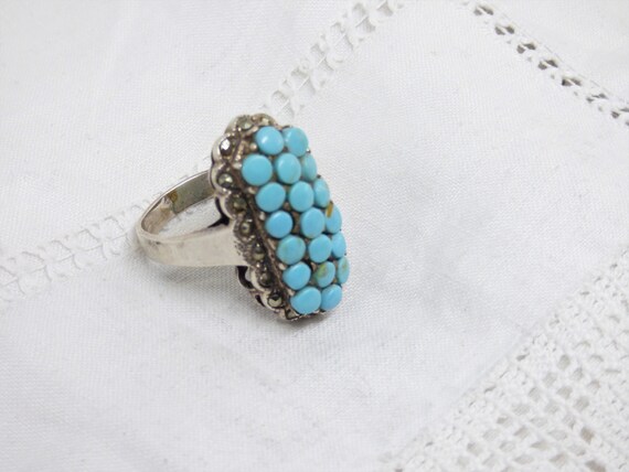 Vintage solid silver oblong ring with 19 sky blue… - image 5
