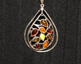 1980s Vintage Solid Silver Pear Shaped Pendant With Central Dangler, Multi-Colour Amber Stones, Beautiful Design