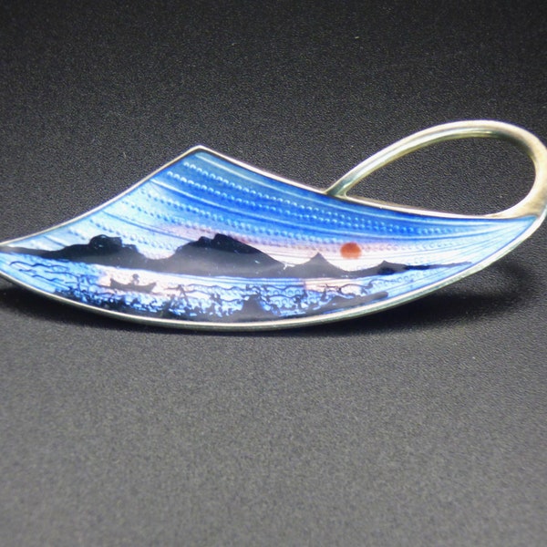 Vintage Mid-Century Norwegian Solid Silver & Guilloche Enamel Brooch Larger Than Average Boat On A Lake At Sunset By Aksel Holmsen C1950