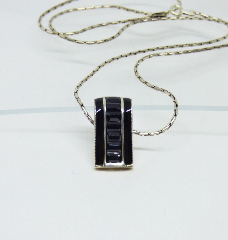 Vintage Solid Silver Curved Oblong Shaped Pendant With 7 Black Baguette Down The Centre Flanked By Black Enamel Art Deco Revival C1970-1980s