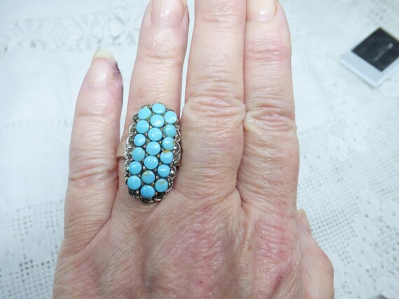 Vintage solid silver oblong ring with 19 sky blue… - image 9