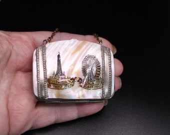 Original Edwardian Mother Of Pearl Present From Blackpool Coin Purse With A Transfer Of Blackpool Tower & Giant Wheel Circa 1900