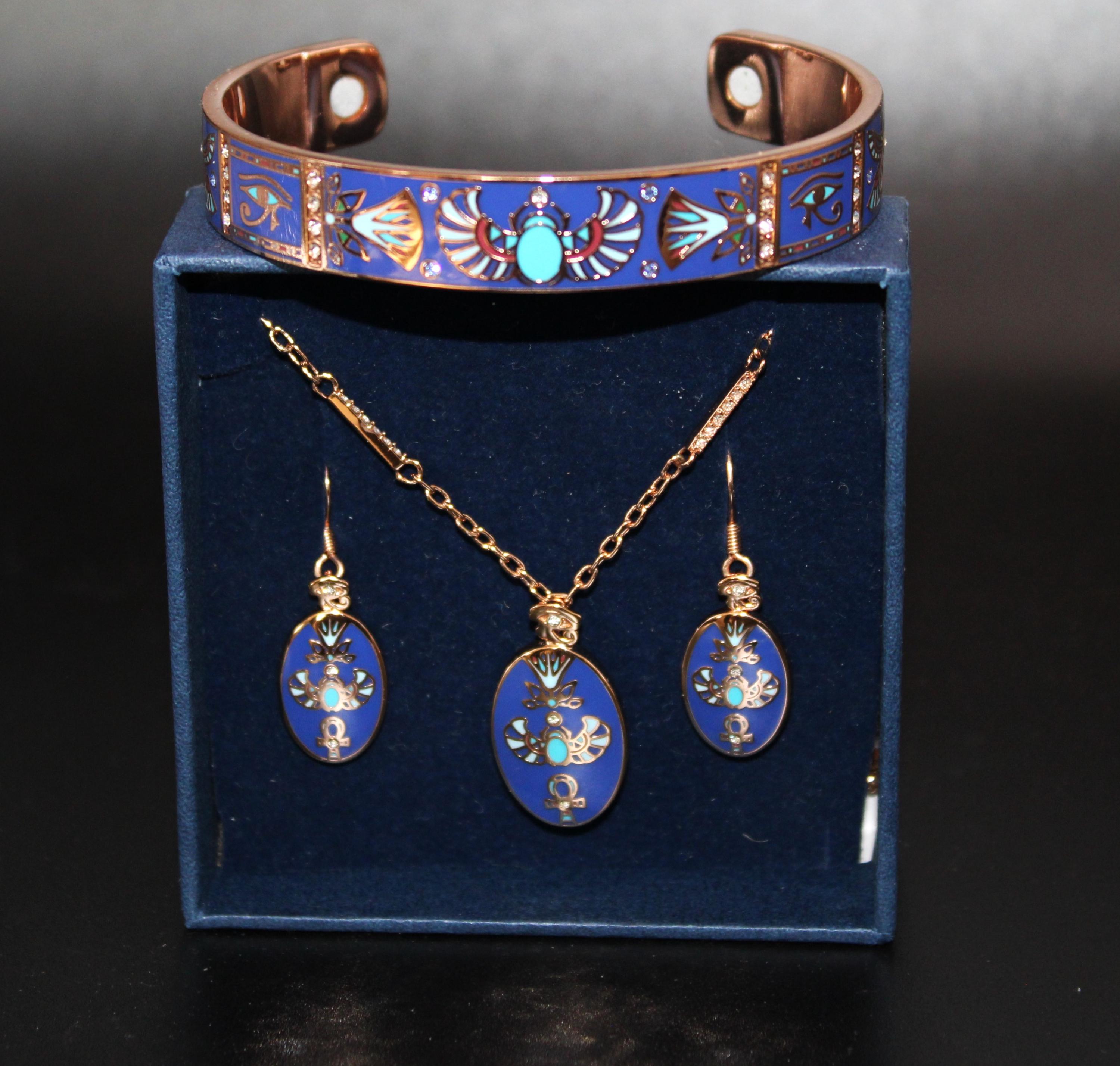 Bradford Exchange Jewels of the Nile Rose Gold, Enamel On Copper Egyptian Set: Detailed Blue Bangle, Pendant & Earrings with Original Box