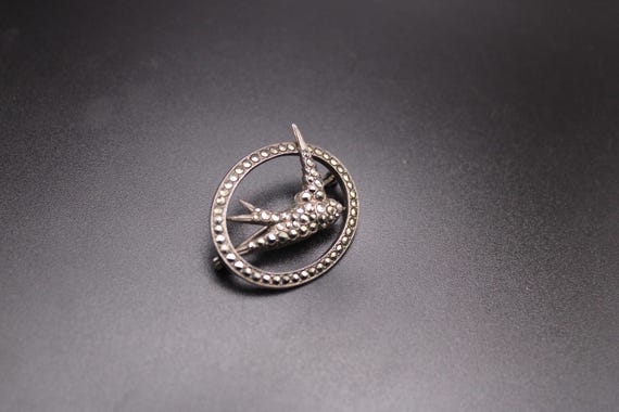 Original Art Deco Solid Silver & Marcasite Swallo… - image 3