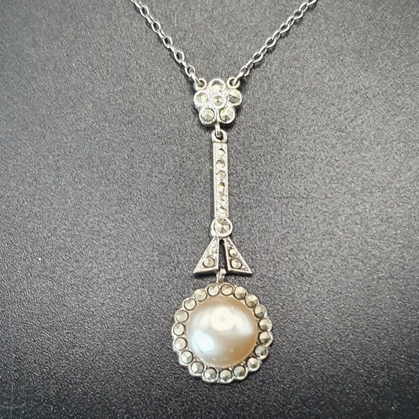 A Very Elegant Antique 1920s Solid Silver Marcasite And Paste Pearl Long Drop Pendant A Timeless Classic Evening Wear Bridal Wear